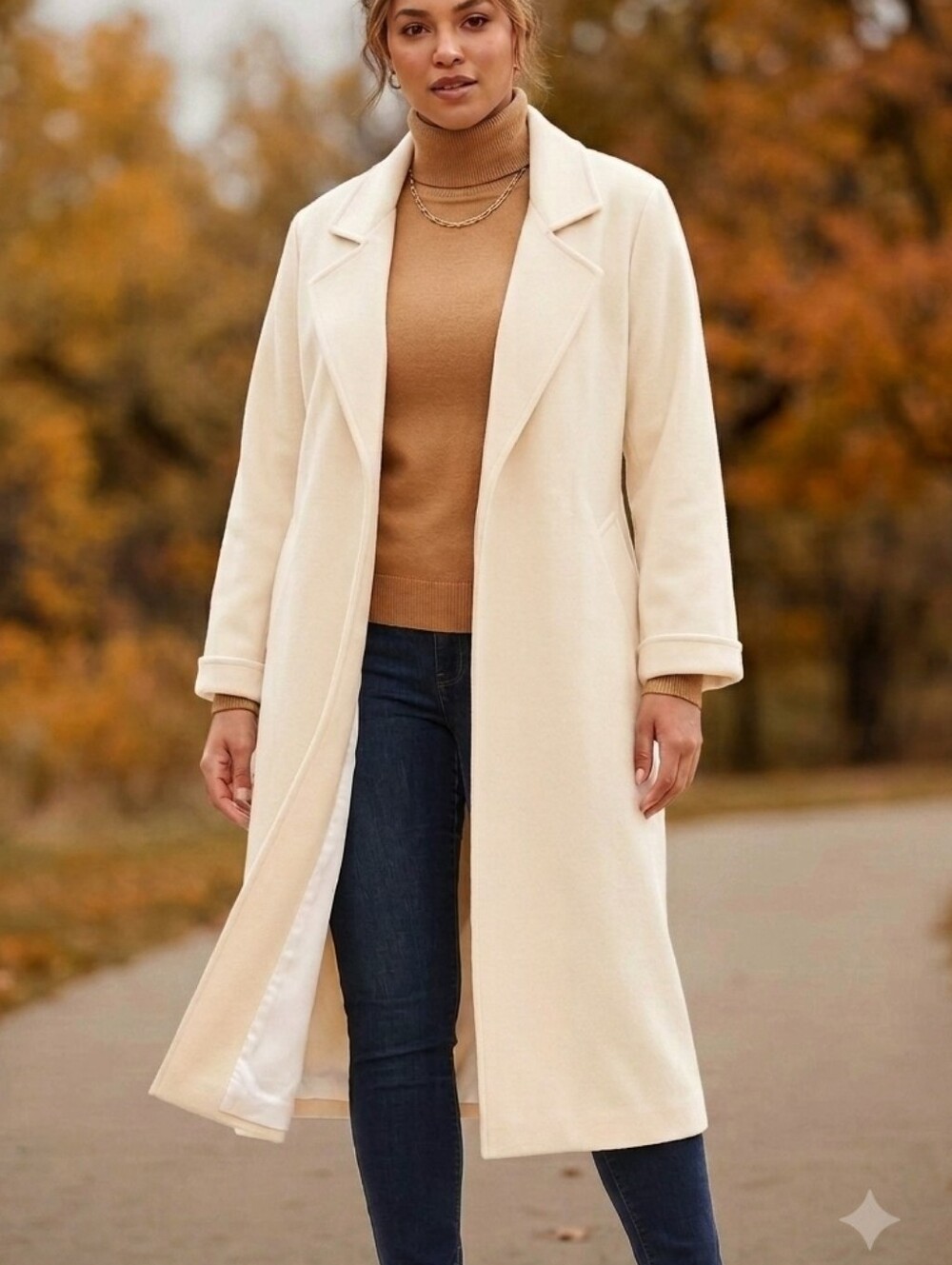 Vintage 100% Wool Cream Long Coat USA Made Open Front Lined Minimalist M/L